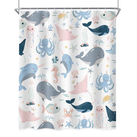 Riyidecor Kinder-Duschvorhang mit Cartoon-Tiermotiv, 152x183 cm, Unterwasserwelt, Wal, Oktopus, Quallen, Seestern, niedlich, rosa, blau, Meeresalgen, Schildkröte, wasserdicht, 12 Haken
