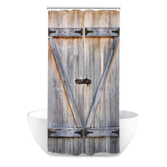 Riyidecor Rustikaler kleiner Stall Scheunentor Duschvorhang 39 B x 72 H Bauernhaus Holz Vintage Holzplanke Land alte Garage Scheune Holz Wohnmobil Dekor Stoff Polyester wasserdicht 7 Stück