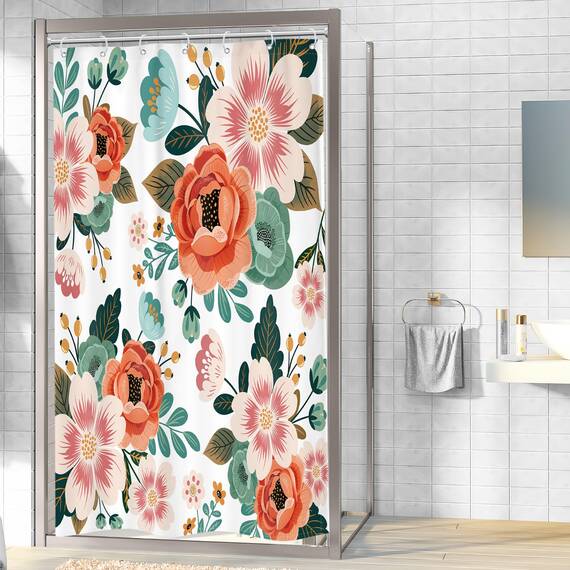 Riyidecor Kleiner Duschvorhang 91,4 x 183,9 cm (B x H), halb, schmal, Wohnmobil, Frühlingsblumen, Badewannen-Dekor, Blätter, Grün, Badezimmer-Dekor, Stoffpaneel, Polyester, wasserdicht, 7 Stück