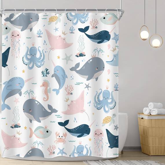 Riyidecor Kinder-Duschvorhang mit Cartoon-Tiermotiv, 152x183 cm, Unterwasserwelt, Wal, Oktopus, Quallen, Seestern, niedlich, rosa, blau, Meeresalgen, Schildkröte, wasserdicht, 12 Haken