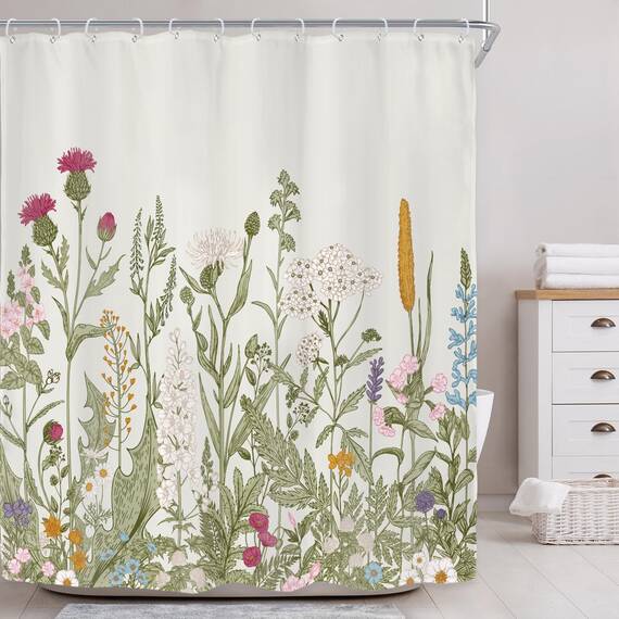 Riyidecor Duschvorhang aus Stoff, grüne Blätter, für Badezimmer, Dekoration, 152x183 cm, florale Blume, botanische Wildblume, dekoratives Bad-Set, wasserdicht, 12 Stück Haken