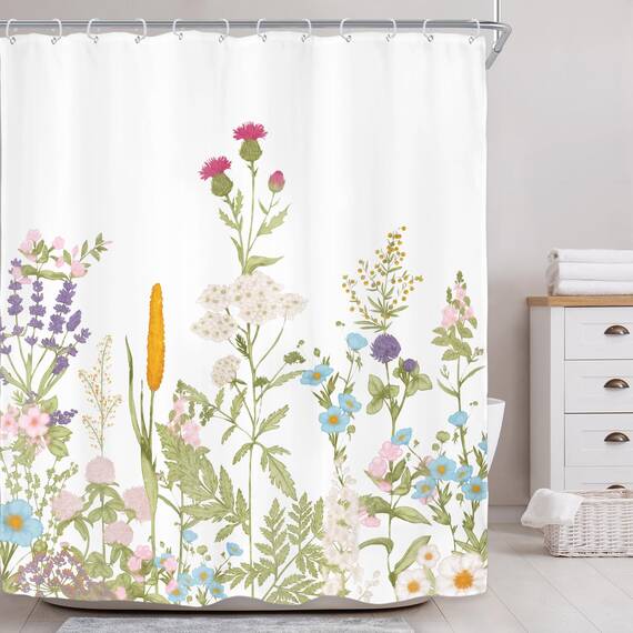 Riyidecor Wildblumen-Duschvorhang für Badezimmerzubehör, 152 x 183 cm, Aquarell, Blume, Pflanze, Botanische Kräuter, Frühlingsgras, bunte Blüten, Stoff, Badezimmer-Dekor-Set, 12 Stück Kunststoffhaken