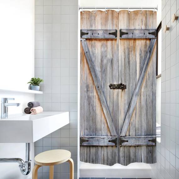 Riyidecor Rustikaler kleiner Stall Scheunentor Duschvorhang 39 B x 72 H Bauernhaus Holz Vintage Holzplanke Land alte Garage Scheune Holz Wohnmobil Dekor Stoff Polyester wasserdicht 7 Stück