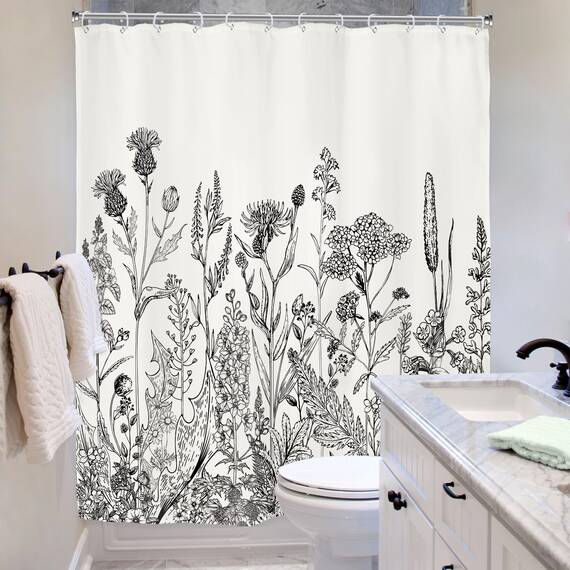 Riyidecor Duschvorhang mit Wildblumen-Motiv, Pflanzenkräuter, Tulpenpflanze, Naturblüten, Blätter, Skizze aus wasserdichtem Stoff, Badezimmer-Dekoration, 12 Stück Kunststoffhaken