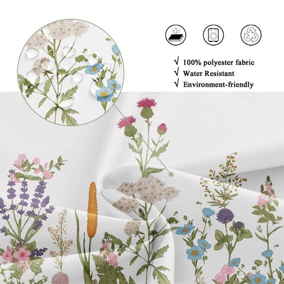 Riyidecor Wildblumen-Duschvorhang für Badezimmerzubehör, 152 x 183 cm, Aquarell, Blume, Pflanze, Botanische Kräuter, Frühlingsgras, bunte Blüten, Stoff, Badezimmer-Dekor-Set, 12 Stück Kunststoffhaken