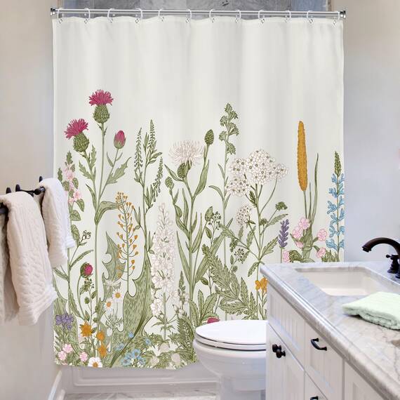 Riyidecor Duschvorhang aus Stoff, grüne Blätter, für Badezimmer, Dekoration, 152x183 cm, florale Blume, botanische Wildblume, dekoratives Bad-Set, wasserdicht, 12 Stück Haken