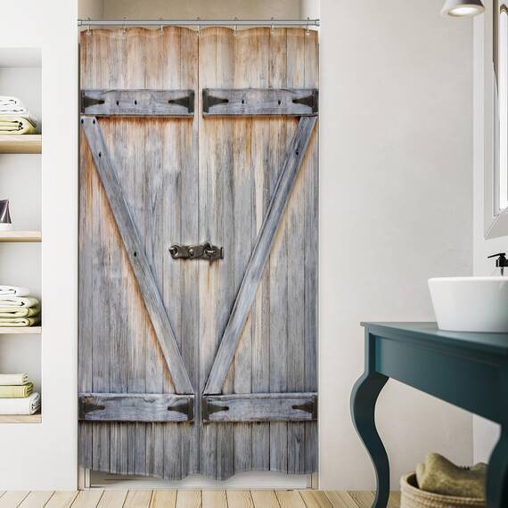 Riyidecor Rustikaler kleiner Stall Scheunentor Duschvorhang 39 B x 72 H Bauernhaus Holz Vintage Holzplanke Land alte Garage Scheune Holz Wohnmobil Dekor Stoff Polyester wasserdicht 7 Stück