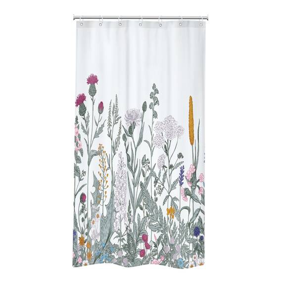 Riyidecor Duschvorhang, Walk in Wildblume, 91,4 x 183,9 cm (B x H), schmale botanische Bordüre, Kräuter, Wildblumen, Pflanzenstrauß, Aquarell, Frühlingsstoff, wasserdichtes Polyester, mit 7