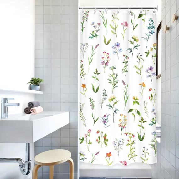 Riyidecor Kleiner Duschvorhang mit Blumenmuster, 91x183 cm, 7 Stück, Kunststoff-Duschhaken im Lieferumfang enthalten RY-OISL