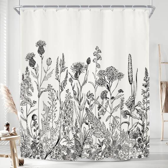 Riyidecor Duschvorhang mit Wildblumen-Motiv, Pflanzenkräuter, Tulpenpflanze, Naturblüten, Blätter, Skizze aus wasserdichtem Stoff, Badezimmer-Dekoration, 12 Stück Kunststoffhaken