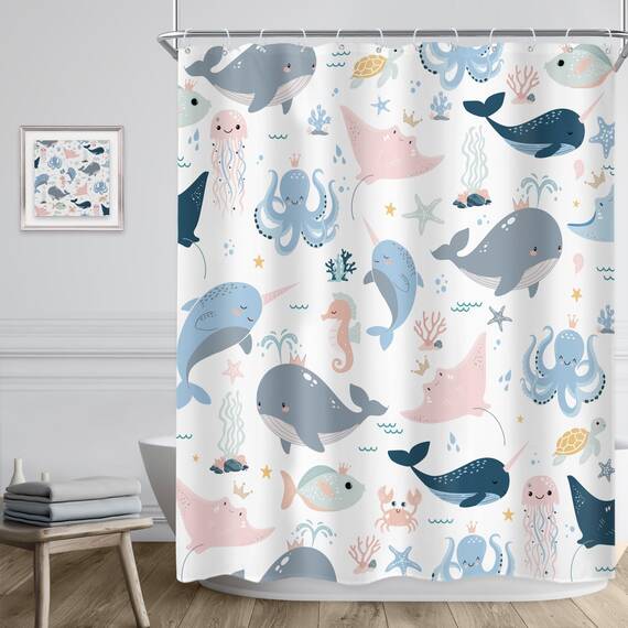 Riyidecor Kinder-Duschvorhang mit Cartoon-Tiermotiv, 152x183 cm, Unterwasserwelt, Wal, Oktopus, Quallen, Seestern, niedlich, rosa, blau, Meeresalgen, Schildkröte, wasserdicht, 12 Haken