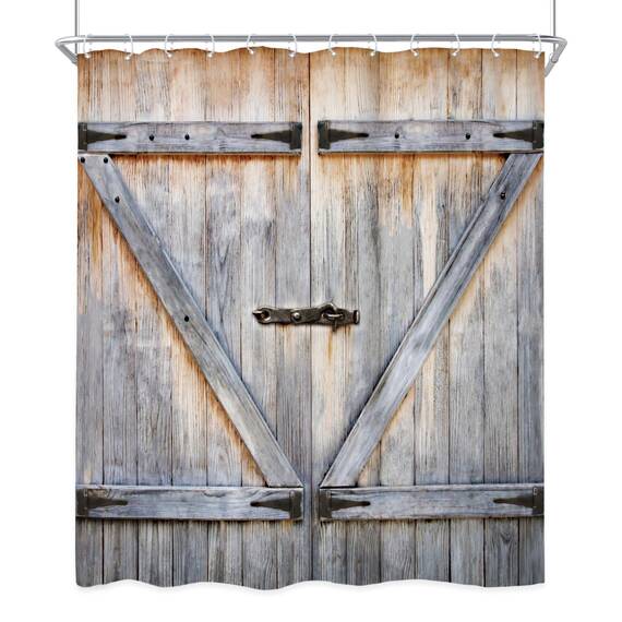 Riyidecor Rustikaler Duschvorhang, Scheunentür, 152 x 183 cm, Bauernhaus, Holzscheune, Vintage-Retro-Dekor, Stoff, Polyester, wasserdicht, 12 Stück Kunststoffhaken WW-YMDV