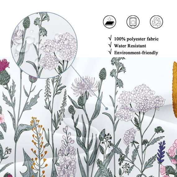 Riyidecor Duschvorhang, Walk in Wildblume, 91,4 x 183,9 cm (B x H), schmale botanische Bordüre, Kräuter, Wildblumen, Pflanzenstrauß, Aquarell, Frühlingsstoff, wasserdichtes Polyester, mit 7