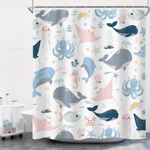 Riyidecor Kinder-Duschvorhang mit Cartoon-Tiermotiv, 152x183 cm, Unterwasserwelt, Wal, Oktopus, Quallen, Seestern, niedlich, rosa, blau, Meeresalgen, Schildkröte, wasserdicht, 12 Haken