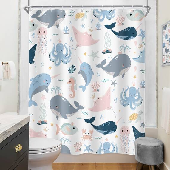 Riyidecor Kinder-Duschvorhang mit Cartoon-Tiermotiv, 152x183 cm, Unterwasserwelt, Wal, Oktopus, Quallen, Seestern, niedlich, rosa, blau, Meeresalgen, Schildkröte, wasserdicht, 12 Haken