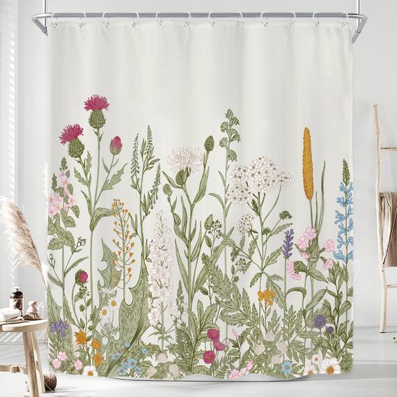 Riyidecor Duschvorhang aus Stoff, grüne Blätter, für Badezimmer, Dekoration, 152x183 cm, florale Blume, botanische Wildblume, dekoratives Bad-Set, wasserdicht, 12 Stück Haken