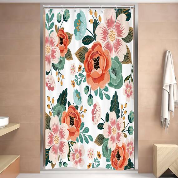 Riyidecor Kleiner Duschvorhang 91,4 x 183,9 cm (B x H), halb, schmal, Wohnmobil, Frühlingsblumen, Badewannen-Dekor, Blätter, Grün, Badezimmer-Dekor, Stoffpaneel, Polyester, wasserdicht, 7 Stück