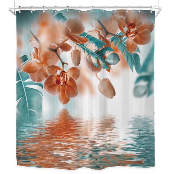 Riyidecor Duschvorhang, Orchidee, reflektierend, tropische Blume, Blätter, Gemälde, Zen-Dekor, Stoff, Polyester, wasserdicht, 183 x 183 cm, 12 Stück Kunststoffhaken, WW-T8 x 3 cm, Blaugrün und Orange
