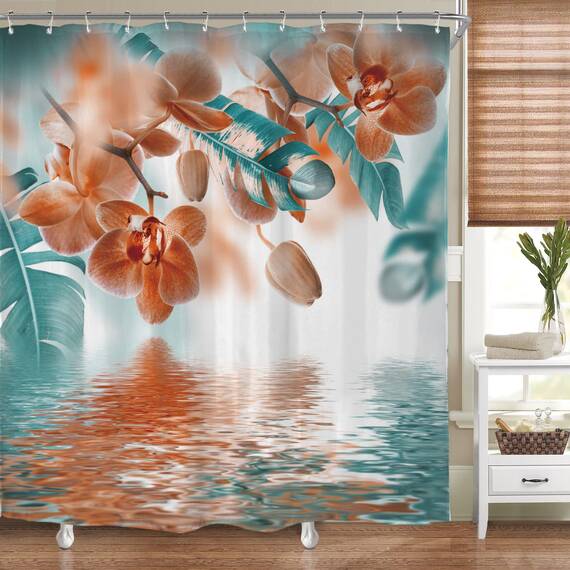 Riyidecor Duschvorhang, Orchidee, reflektierend, tropische Blume, Blätter, Gemälde, Zen-Dekor, Stoff, Polyester, wasserdicht, 183 x 183 cm, 12 Stück Kunststoffhaken, WW-T8 x 3 cm, Blaugrün und Orange