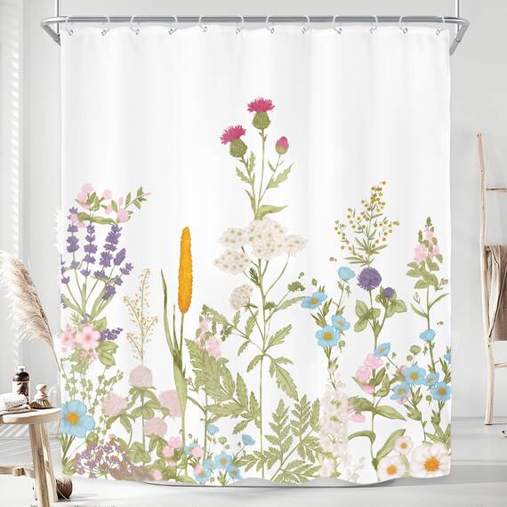 Riyidecor Wildblumen-Duschvorhang für Badezimmerzubehör, 152 x 183 cm, Aquarell, Blume, Pflanze, Botanische Kräuter, Frühlingsgras, bunte Blüten, Stoff, Badezimmer-Dekor-Set, 12 Stück Kunststoffhaken