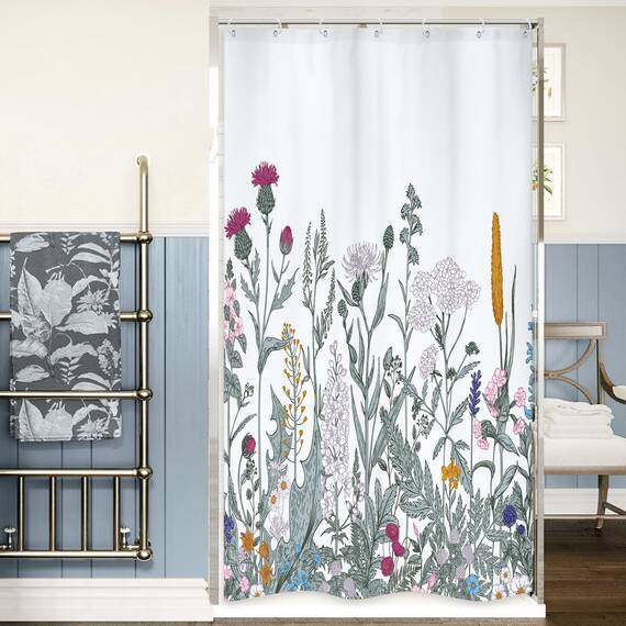 Riyidecor Duschvorhang, Walk in Wildblume, 91,4 x 183,9 cm (B x H), schmale botanische Bordüre, Kräuter, Wildblumen, Pflanzenstrauß, Aquarell, Frühlingsstoff, wasserdichtes Polyester, mit 7