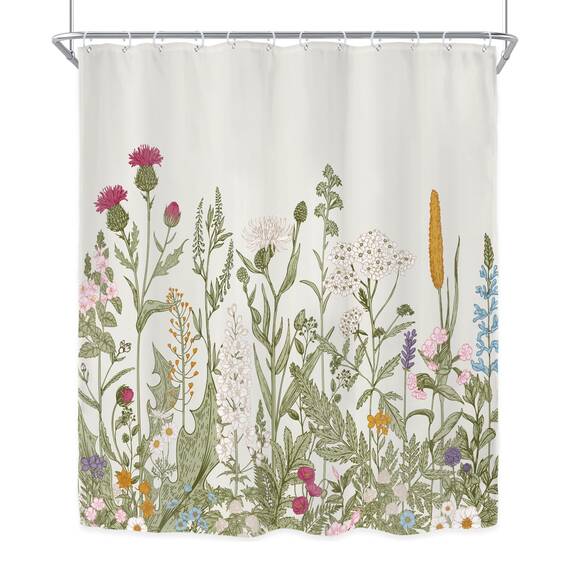 Riyidecor Duschvorhang aus Stoff, grüne Blätter, für Badezimmer, Dekoration, 152x183 cm, florale Blume, botanische Wildblume, dekoratives Bad-Set, wasserdicht, 12 Stück Haken