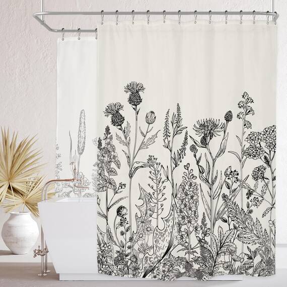 Riyidecor Clawfoot Tub Duschvorhang, extra breit, 457 x 183 cm, Blumenwickel, rund, Blumenmuster, Wildblume, botanische Pflanzen, Kräuter, Dekoration, Badezimmer, Polyester, wasserdichte Metallhaken,