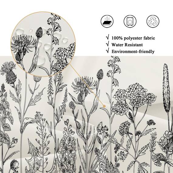 Riyidecor Duschvorhang mit Wildblumen-Motiv, Pflanzenkräuter, Tulpenpflanze, Naturblüten, Blätter, Skizze aus wasserdichtem Stoff, Badezimmer-Dekoration, 12 Stück Kunststoffhaken