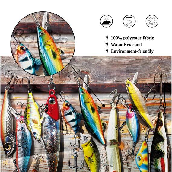 Riyidecor Brauner Angelköder-Duschvorhang für Badezimmer, Dekoration, 183 x 183 cm (B x H), Fischer, Ozean, Scheunentür, rustikales Vintage-Holzbrett, Retro-Kunstdruck, Stoff, Polyester, wasserdicht,