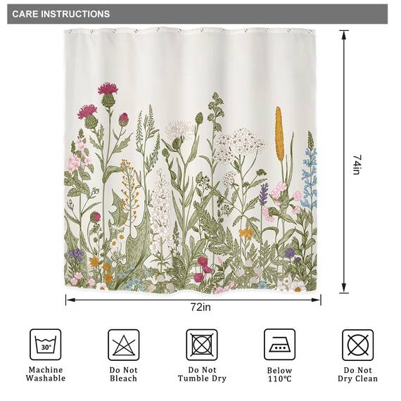 Riyidecor Duschvorhang aus Stoff mit Wildblume, botanischer Duschvorhang für Badezimmer, Dekoration, 183x188 cm, florale Blume, Pflanzen, Kräuter, grüne Blätter, wasserdicht, 12 Stück Haken