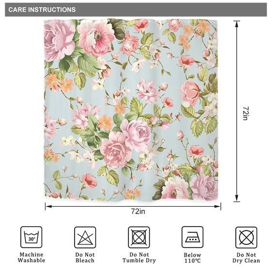 Riyidecor WW-NDHC Duschvorhang aus Stoff, für Badezimmer, 183 x 183 cm (B x H), Rosenmuster, blühende grüne Blätter, für Mädchen, Frauen, Badewannen-Zubehör, Dekoration, rustikal, wasserdicht, Stoff,