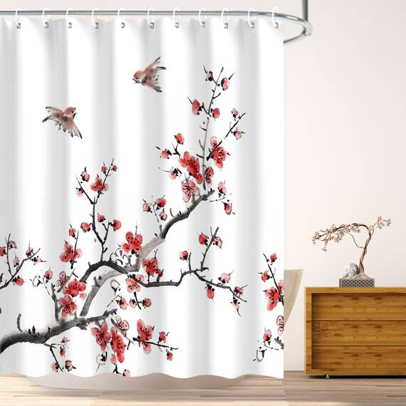 LIVILAN Asiatischer Duschvorhang - Rote Pflaumenblüte, Bäume, Zweige Mit 12 Haken - Stoff-Set, Tintenmalerei für Badezimmer-Dekoration - 183 cm B x 183 cm H