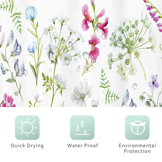 Riyidecor Extra breiter Duschvorhang mit Kräutern, Blumenmotiv, 274 x 182 cm (B x H), 18 Stück, Metallhaken, Wildblumen, Pflanzen, Blumendekor, Stoff, Badezimmer, Polyester, wasserdicht