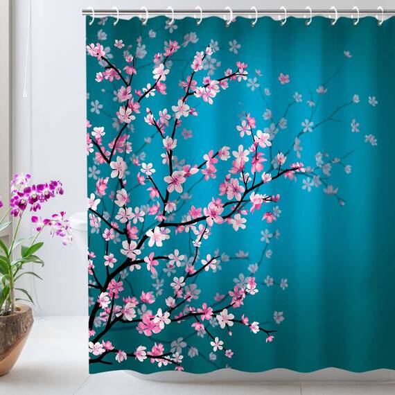 LIVILAN Duschvorhänge mit Blumenmuster, Kirschblüten-Motiv, mit 12 Haken, schimmelresistenter Stoff, Badevorhang, Badezimmerdekoration, 180 x 180 cm, Türkis Cherry Blossom Shower Curtains-2
