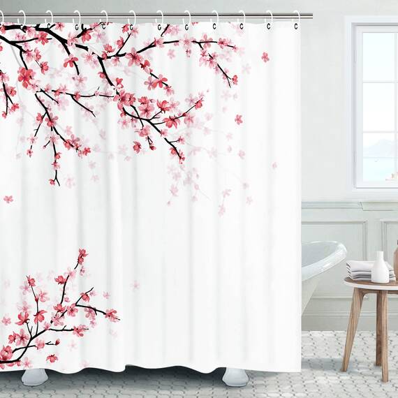 LIVILAN Pinker Duschvorhang, Kirschblüten-Duschvorhang, rosa Blumenmuster, Duschvorhang mit 12 Haken, Sakura-Stoff, Badvorhang, dekorativer japanischer Duschvorhang, 182,9 x 198,1 cm