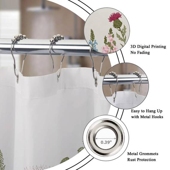 Riyidecor Green Leaves Clawfoot Tub Duschvorhang, 450 x 180 cm (B x H), rundum mit Blumenmotiv, extra breit, Tulpenpflanzen, Efeu, Kräuter, Dekoration, Badezimmer, Polyester, Metallhaken, 32 Stück