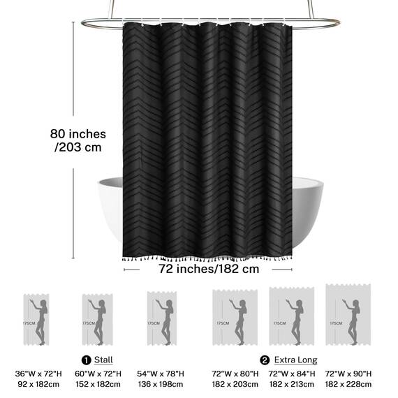 Siiluminisoy Extra langer schwarzer Boho-Duschvorhang mit Quaste, gewebter Stoff, 203,2 cm, getufteter Chevron-gestreift, 183 x 203,2 cm, modern, schick, strukturiert, minimalistisch,