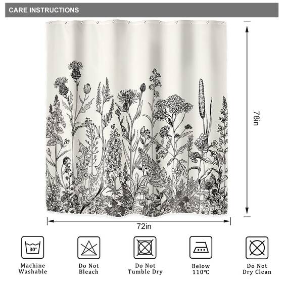 Riyidecor Wild Floral Shower Curtain for Bathroom Decor 72Wx78H Botanical Flower Plant Herbs Tulpe Nature Blossom Wildflower Leaf Sketch Art Printed Fabric Polyester Waterproof 12 Pack Plastic Hooks