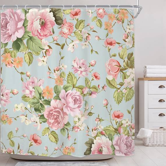 Riyidecor WW-NDHC Duschvorhang aus Stoff, für Badezimmer, 183 x 183 cm (B x H), Rosenmuster, blühende grüne Blätter, für Mädchen, Frauen, Badewannen-Zubehör, Dekoration, rustikal, wasserdicht, Stoff,