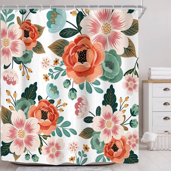Riyidecor Duschvorhang-Set, extra lang, Blumenmuster, 183 x 200 cm, Blume, Frühlingssaison, grüne Blätter, Orange, Frauen, Badezimmer-Dekor, Stoff, Polyester, wasserdicht, mit 12 Stück