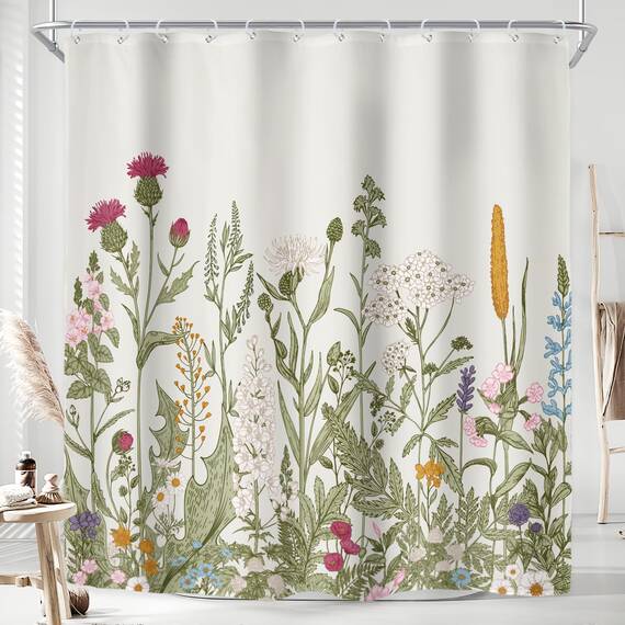 Riyidecor 183 x 213 cm (B x H), extra langer Duschvorhang für Badezimmer, Dekoration, Wildblumen, Blumen, Vintage, botanisches Zubehör, Kräuter, Pflanzen, Badezimmer-Set, Fenster, Stoff, Polyester,