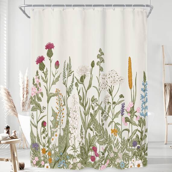 Riyidecor Duschvorhang aus Stoff mit Wildblumen-Motiv, 137 x 200 cm, für Badezimmer, Dekoration, grüne Blätter, botanisches dekoratives Bad-Set, Pflanzenkräuter, Badezimmerzubehör, Polyester,