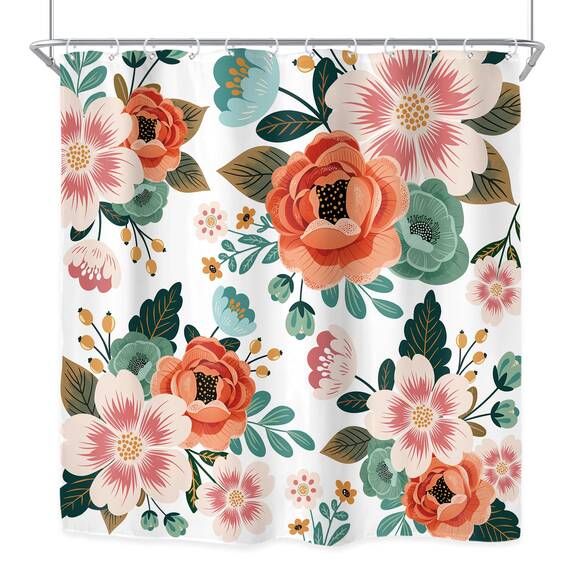 Riyidecor Duschvorhang-Set, extra lang, Blumenmuster, 183 x 200 cm, Blume, Frühlingssaison, grüne Blätter, Orange, Frauen, Badezimmer-Dekor, Stoff, Polyester, wasserdicht, mit 12 Stück