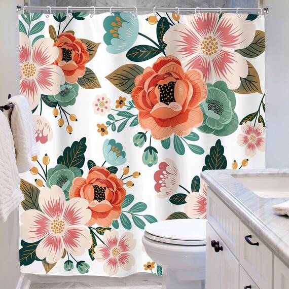 Riyidecor Duschvorhang-Set, extra lang, Blumenmuster, 183 x 200 cm, Blume, Frühlingssaison, grüne Blätter, Orange, Frauen, Badezimmer-Dekor, Stoff, Polyester, wasserdicht, mit 12 Stück