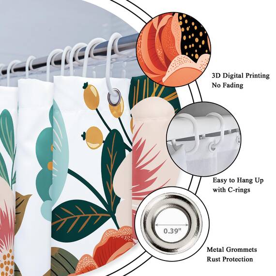 Riyidecor Duschvorhang-Set, extra lang, Blumenmuster, 183 x 200 cm, Blume, Frühlingssaison, grüne Blätter, Orange, Frauen, Badezimmer-Dekor, Stoff, Polyester, wasserdicht, mit 12 Stück