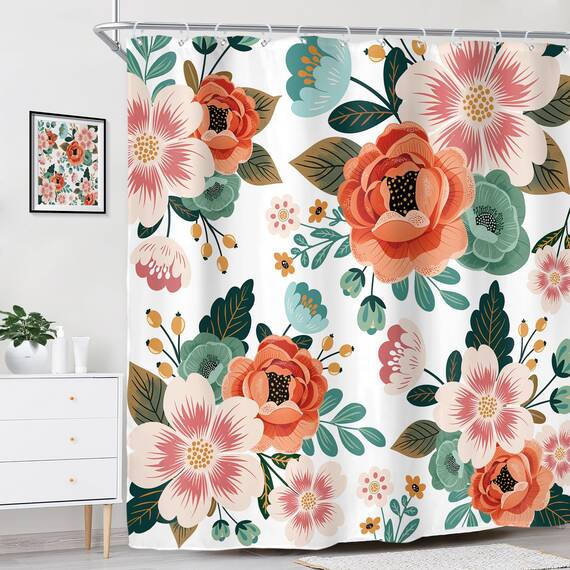 Riyidecor Duschvorhang-Set, extra lang, Blumenmuster, 183 x 200 cm, Blume, Frühlingssaison, grüne Blätter, Orange, Frauen, Badezimmer-Dekor, Stoff, Polyester, wasserdicht, mit 12 Stück