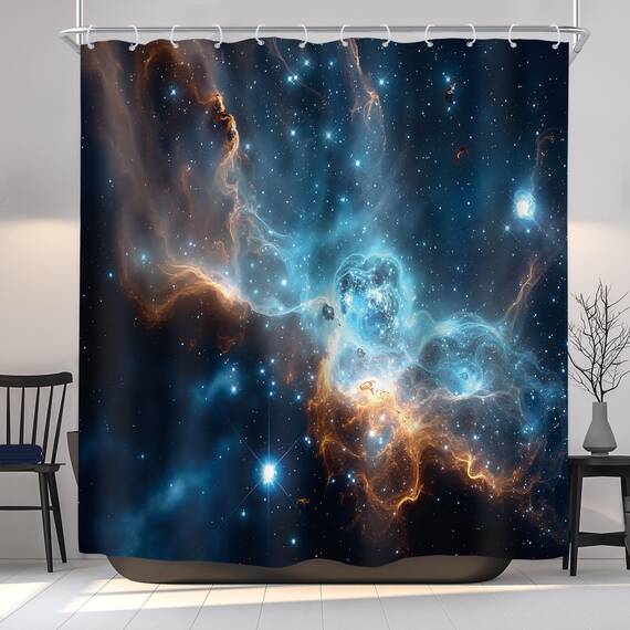 Riyidecor RY-KKCQ Galaxie-Duschvorhang – Nebel, Stern, Planet, Nacht, Sternenhimmel, Universum, Weltraum, Fantasie, Stoff, wasserdicht, Heimdekoration, 12 Stück, Kunststoffhaken, 183 x 183 cm