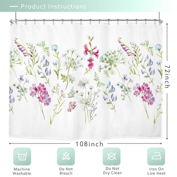 Riyidecor Extra breiter Duschvorhang mit Kräutern, Blumenmotiv, 274 x 182 cm (B x H), 18 Stück, Metallhaken, Wildblumen, Pflanzen, Blumendekor, Stoff, Badezimmer, Polyester, wasserdicht
