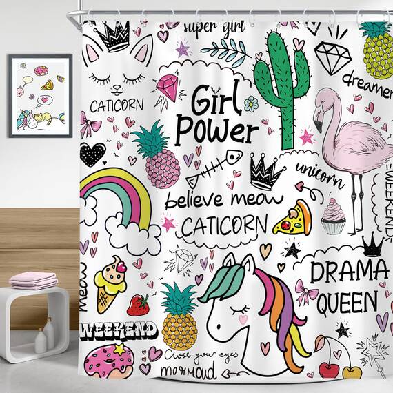 Riyidecor Einhorn-Duschvorhang, 182 x 183 cm, Cartoon-Design, Kinder, Mädchen, Teenager, Fee, Regenbogen, niedlich, 12 Metallhaken, Flamingo, Kaktus, Ananas, Dekoration, Polyester, wasserdicht