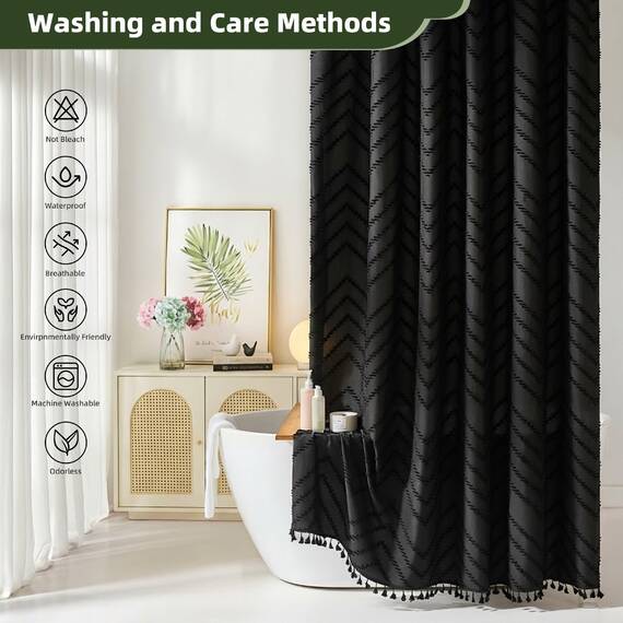 Siiluminisoy Boho-Duschvorhang, Schwarze Quaste, gewebter Stoff, moderner Bauernhaus-Effekt, strukturiert, getuftet, Chevron, gestreift, minimalistisch, Badezimmer-Duschvorhang